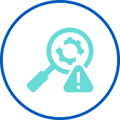 A magnifying glass with a gear inside and a caution triangle below, enclosed in a blue circle.