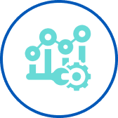 Icon of interconnected data nodes above a bar chart with a wrench and gear, symbolizing data analysis and technical support.