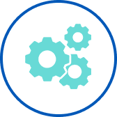 02 A blue and white icon with three gears